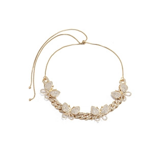 Detailed view of golden butterfly Cuban link choker with adjustable slider and pavé rhinestones