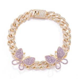 Close-up of hip hop Cuban link anklet with purple crystal butterflies and iced out clasp