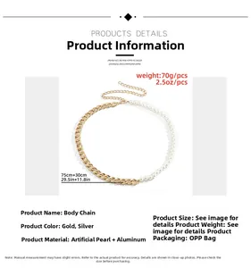 Detail showing the 75+30cm length of this gold aluminum chain body belt with pearls