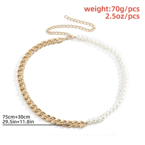 Detail of vintage gold metal chain and white faux pearl拼接 hip-hop waist jewelry with extender
