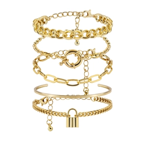 Juego de 5 pulseras doradas estilo punk hip-hop con candado y capas de cadenas mixtas