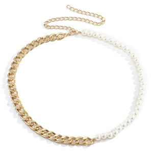 French vintage waist chain belt with gold curb links and elegant white pearls for women