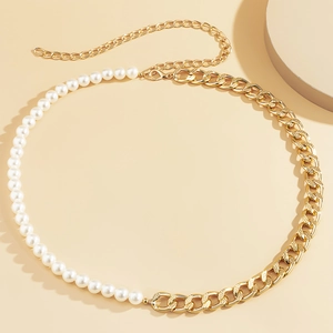 Minimalist gold chain waist belt with faux pearls and adjustable lobster clasp closure