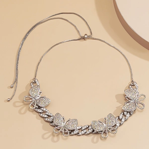 Detail of silver butterfly necklace with AB rhinestones and adjustable sliding buckle