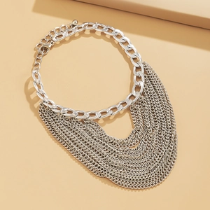 Multilayer silver tassel anklet with tiered metal chains and adjustable lobster clasp