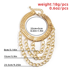 Detail showing multi-layer gold tassel anklet size specs with chain length and weight info