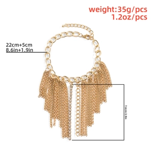 Detail view of gold layered tassel anklet showing 35g weight and 22cm plus 5cm length