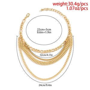 Detail view of multi-layer gold metal anklet with chain lengths and weight dimensions