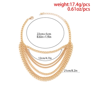 Detailed size chart of layered gold tassel anklet featuring chain lengths and 17.4g weight