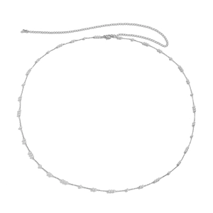 Elegante catena in vita in metallo argento con perle finte e chiusura a moschettone