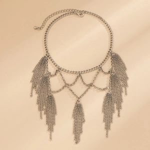 Detailed view of multilayer silver tassel chain with lobster clasp and adjustable closure