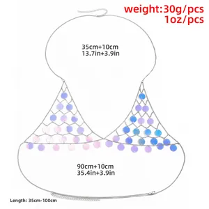 Sexy silver body chain with colorful iridescent sequins for bikini and beachwear styling