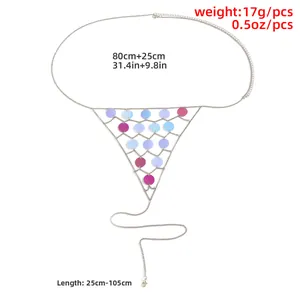 Sparkling sequin body chain with colorful round discs and silver chain fringe jewelry