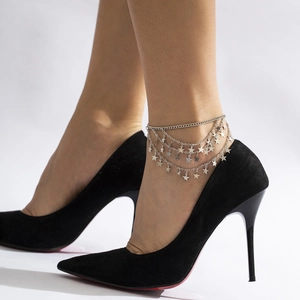 Layered silver star charm anklet with geometric metal fringe chains for women