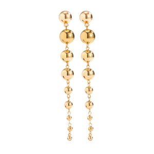 Detailed view of long graduated gold metal bead drop earrings with a polished finish