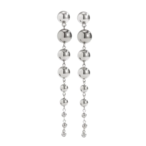 Detailed view of silver gradient metallic sphere earrings with a high-polished mirror finish