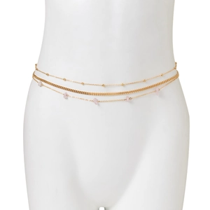 Three-layer gold waist chain with fine beads, flat snake chain and pink raw stones