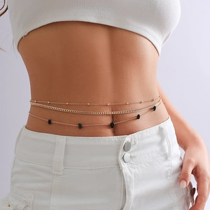 Three-layer gold metal body chain with flat links and black irregular stone pendants