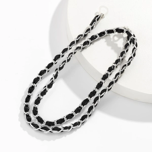 Classic silver metal and black leather woven eyewear chain with silicone ends