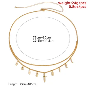 Minimalist double-layer gold alloy waist chain with letter charms and sword pendant