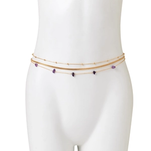 Close-up of three-layered gold body chain featuring irregular purple quartz stones