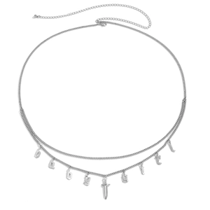 Multi-layer silver alloy waist chain featuring sword pendant and BABYGIRL gothic letters
