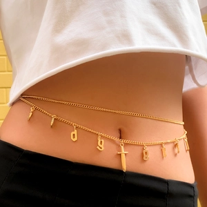 Gothic Punk Women Multi Layer Iron Alloy Waist Chain Belt With Babygirl Letter Sword Pendant Body Jewelry Accessory