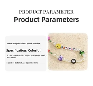 Close-up of colorful beaded phone strap with mushroom, smile face and BABY letter charms