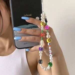 Women Colorful Beaded Phone Lanyard Strap Handmade Polymer Clay Flower Heart Star Imitation Artificial Pearl Y2K Phone Chain Accessory