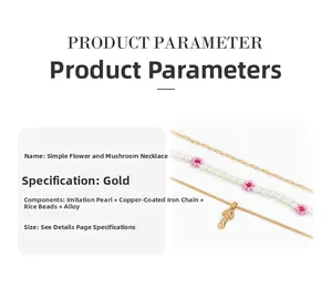 Detail van de gelaagde ketting met paddenstoelhanger, parels en roze bloembedeltjes
