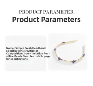 Detail view of pearl flower headband with purple petals and golden iron frame