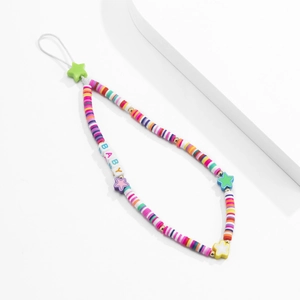 Detail of colorful clay bead phone charm with stars and BABY letter beads