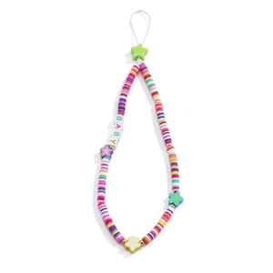 Detailed macro view of colorful beaded phone strap with baby letters and star accents