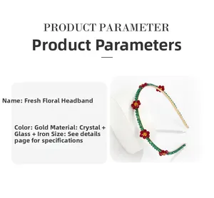Close-up of a floral metal headband featuring red glass beads and green crystal accents