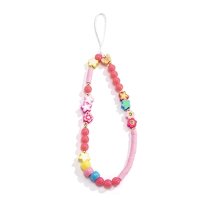 Close-up of colorful macaron beaded phone charm with smiling faces and flowers