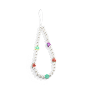 Detail of beaded phone strap with white pearls and colorful acrylic fruit charms
