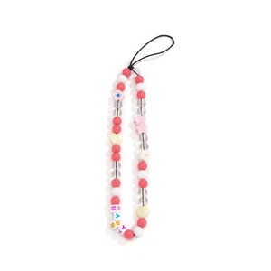 Detail of pink and white beaded phone strap with floral, heart, and 'BABY' letter beads
