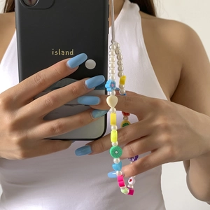 Handmade beaded phone strap with colorful clay fruits, pearls and flowers for women