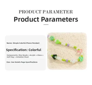 Detail showing mixed materials beads and cute floral charms on colorful phone strap