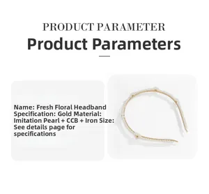 Detail of gold metal headband featuring white pearl flower accents and a daisy design