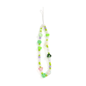 Colorful beaded phone strap with pearls and heart charms on a white background