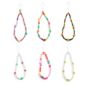 Cordons de téléphone faits main avec perles colorées, fruits et visages souriants