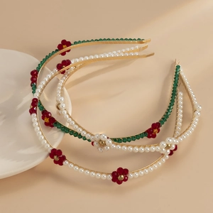 Retro metal headbands with woven imitation pearls and colorful glass daisy floral accents
