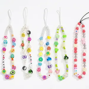 Colorful handmade beaded phone straps with polymer clay fruit flowers and pearls