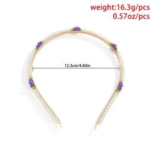 Detail showing beaded daisy headband dimensions with white pearls and purple bead flowers