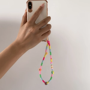 Handmade Colorful Beaded Phone Strap Polymer Clay Fruit Flower Letter Beads Anti-Lost Lanyard Phone Chain For Women Jewelry
