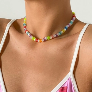 Colorful geometric resin beads and white pearls handcrafted ethnic choker necklace