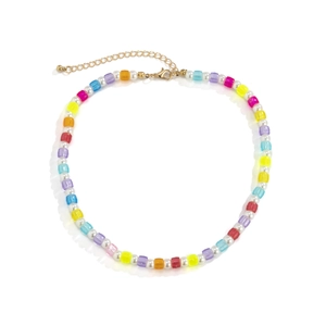 Y2K style necklace with colorful transparent square beads and white imitation pearls