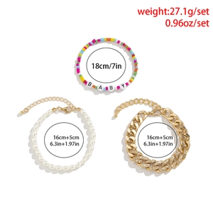 Three-piece Cuban link bracelet set with faux pearls and colorful BABY letter beads