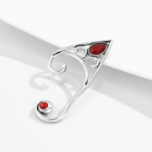 Vintage silver alloy elf ear cuff with red gemstones and hollow filigree design